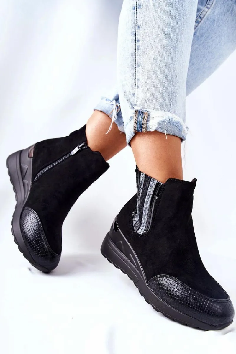 Discount Zamszowe Botki Na Koturnie Czarne Manakel Damskie Botki Na Koturnie|Czarne Botki