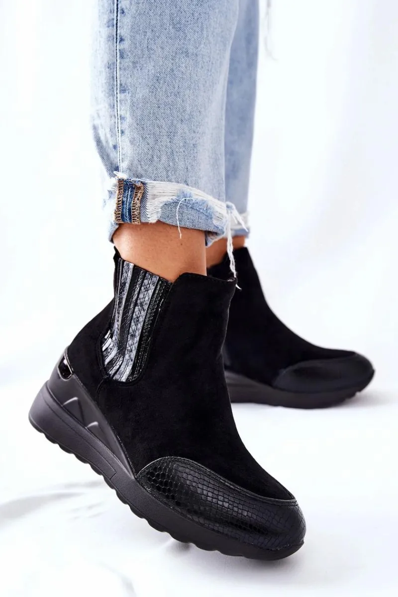 Discount Zamszowe Botki Na Koturnie Czarne Manakel Damskie Botki Na Koturnie|Czarne Botki