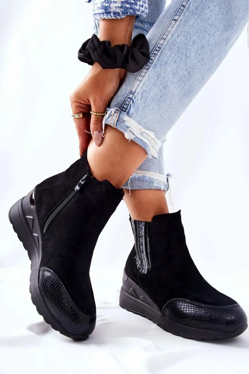 Discount Zamszowe Botki Na Koturnie Czarne Manakel Damskie Botki Na Koturnie|Czarne Botki