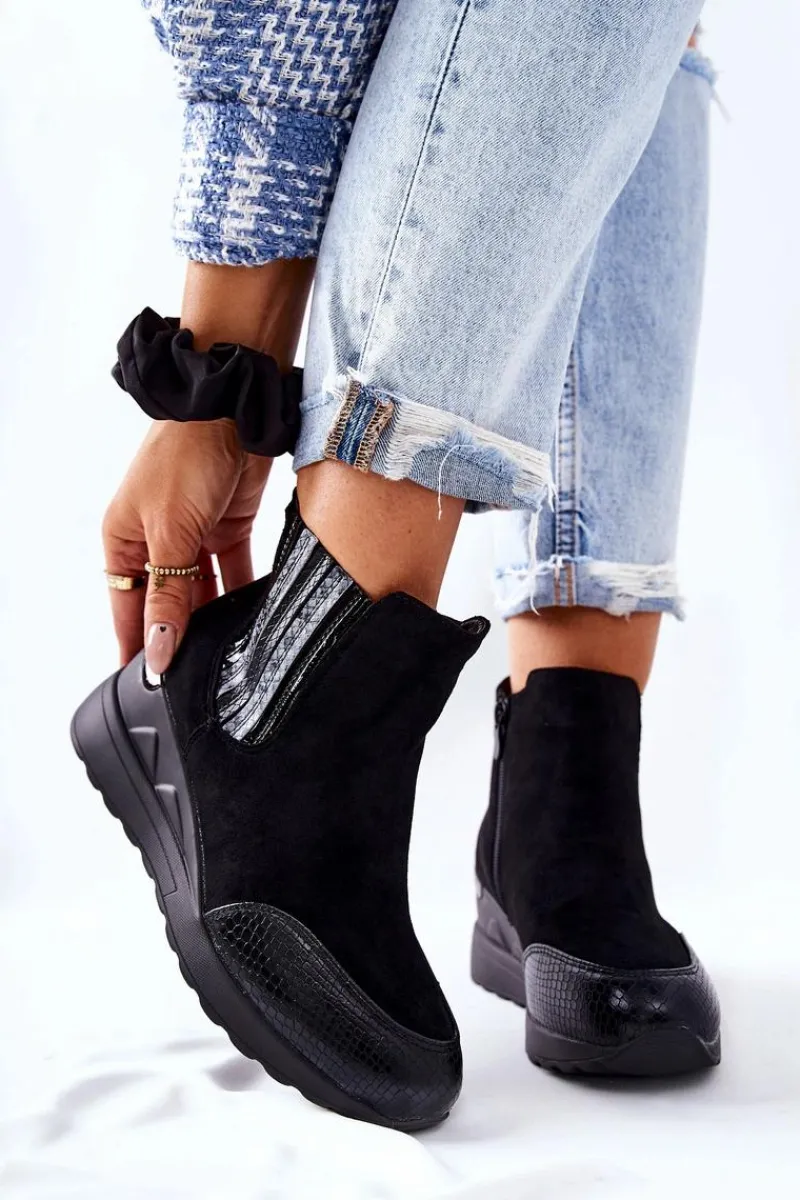 Discount Zamszowe Botki Na Koturnie Czarne Manakel Damskie Botki Na Koturnie|Czarne Botki