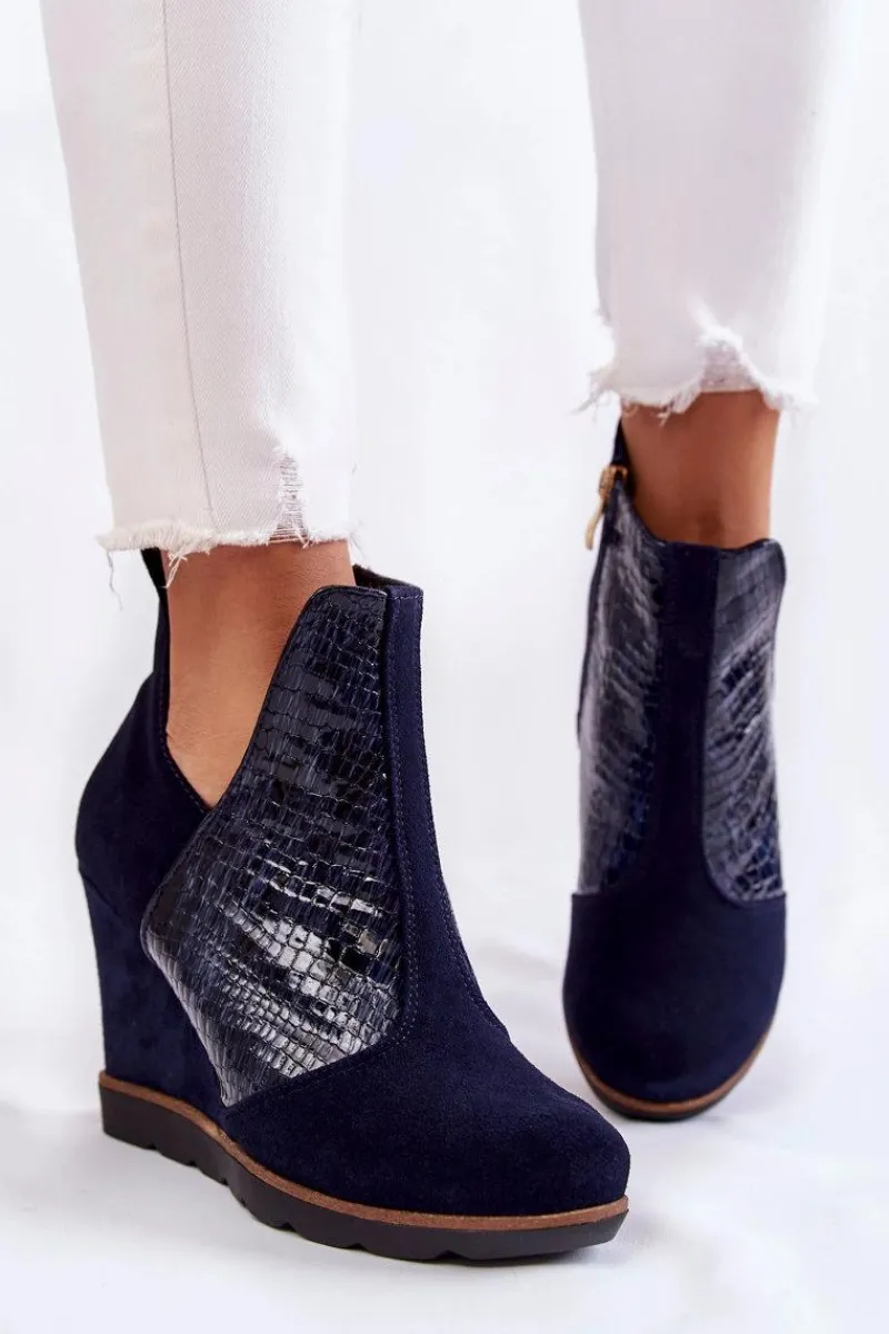 Best Zamszowe Botki Na Koturnie Krokodyli Wzór Granatowe Alda Damskie Botki Wiosenne|Botki Na Koturnie