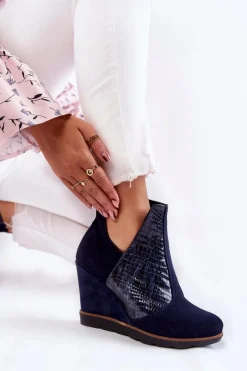 Best Zamszowe Botki Na Koturnie Krokodyli Wzór Granatowe Alda Damskie Botki Wiosenne|Botki Na Koturnie