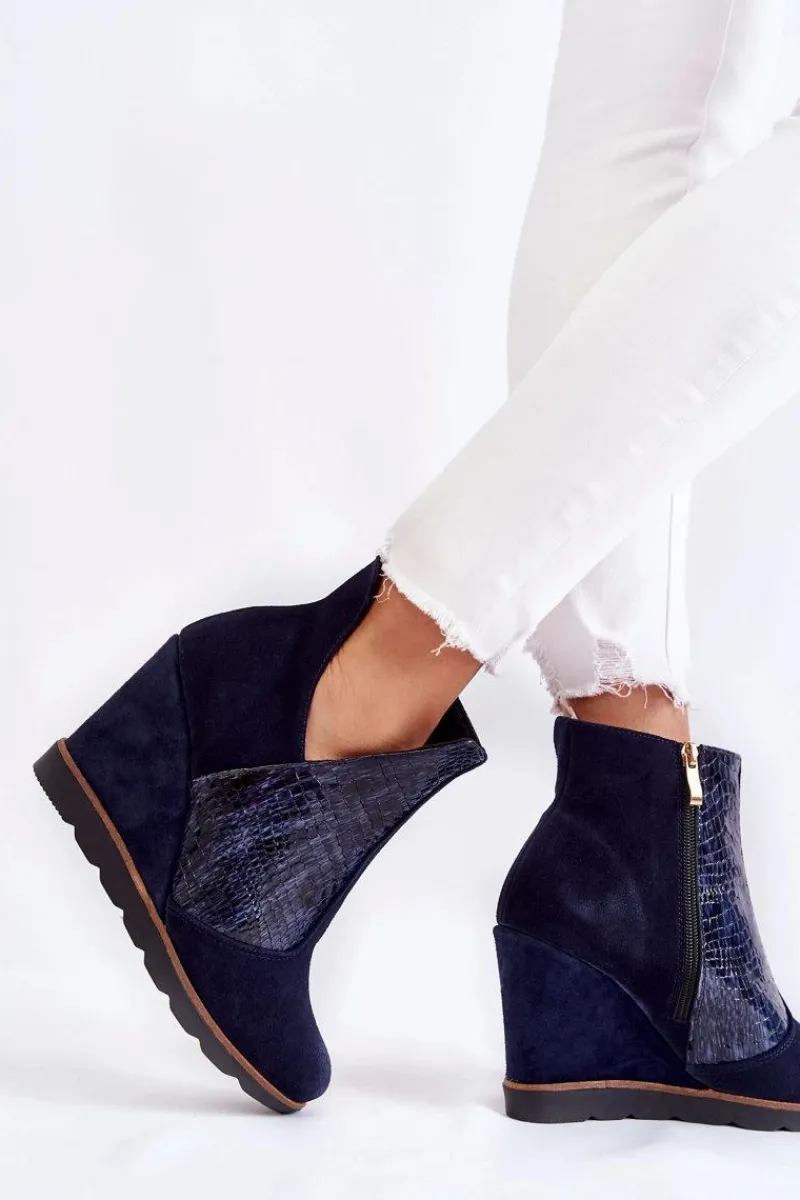 Best Zamszowe Botki Na Koturnie Krokodyli Wzór Granatowe Alda Damskie Botki Wiosenne|Botki Na Koturnie