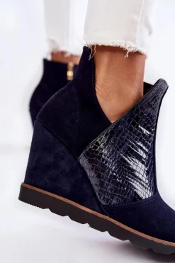 Best Zamszowe Botki Na Koturnie Krokodyli Wzór Granatowe Alda Damskie Botki Wiosenne|Botki Na Koturnie