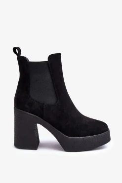 New Zamszowe Botki Na Masywnym Słupku Czarne Sunilda Damskie Botki Na Słupku|Brązowe I Beżowe Botki