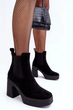 New Zamszowe Botki Na Masywnym Słupku Czarne Sunilda Damskie Botki Na Słupku|Brązowe I Beżowe Botki