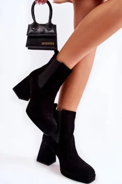 Botki Ocieplane|Czarne Botki>Laura Messi Zamszowe Botki Na Masywnym Obcasie 2519 Czarne Czarny