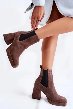Best Zamszowe Botki Na Masywnym Obcasie 2519 Brązowe Damskie Botki Ocieplane|Czarne Botki