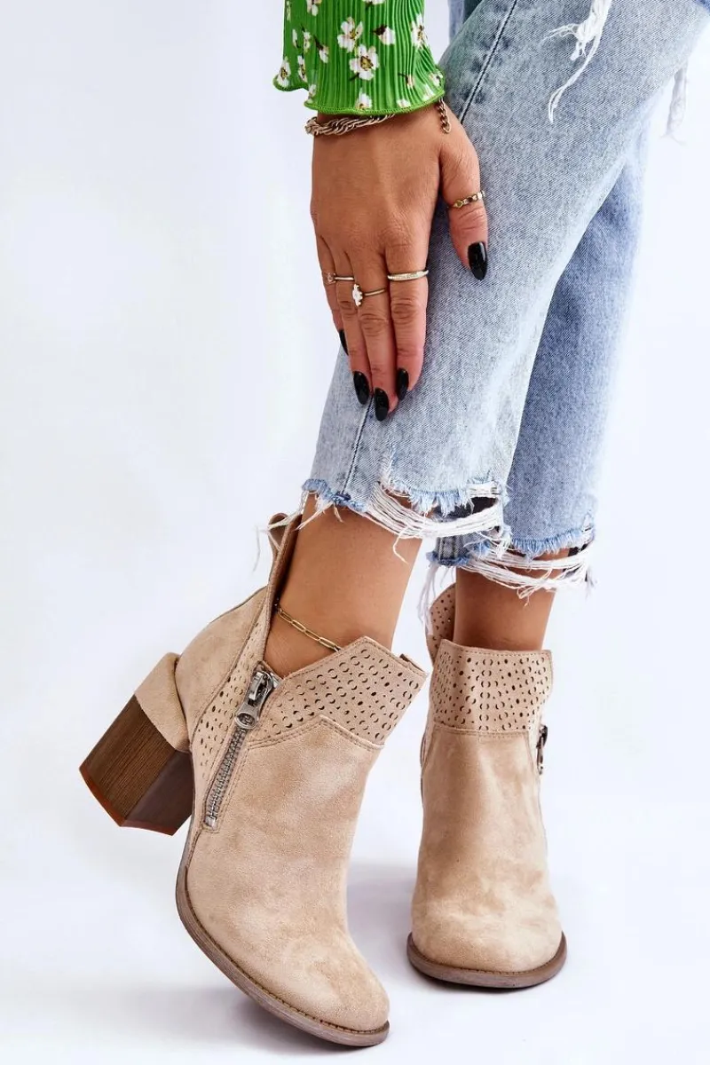 Hot Zamszowe Botki Na Masywnym Obcasie Jasnobeżowe Camden Damskie Botki Wiosenne|Botki Na Słupku