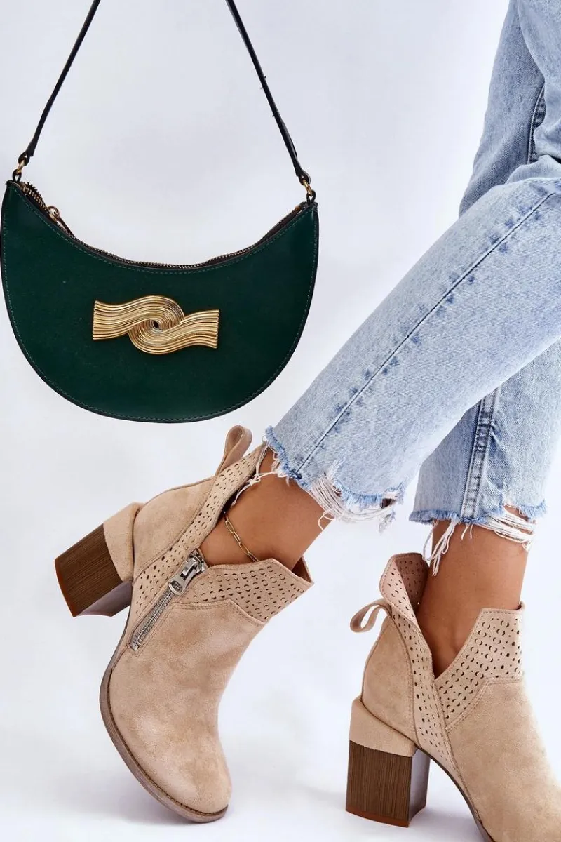 Hot Zamszowe Botki Na Masywnym Obcasie Jasnobeżowe Camden Damskie Botki Wiosenne|Botki Na Słupku