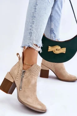 Hot Zamszowe Botki Na Masywnym Obcasie Jasnobeżowe Camden Damskie Botki Wiosenne|Botki Na Słupku