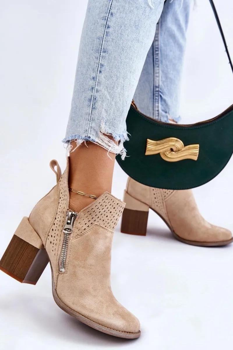 Hot Zamszowe Botki Na Masywnym Obcasie Jasnobeżowe Camden Damskie Botki Wiosenne|Botki Na Słupku