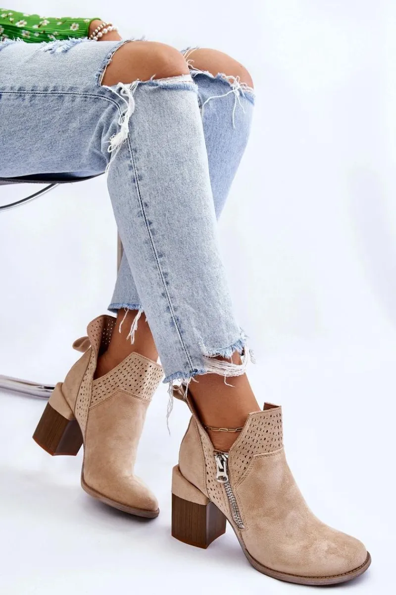 Hot Zamszowe Botki Na Masywnym Obcasie Jasnobeżowe Camden Damskie Botki Wiosenne|Botki Na Słupku