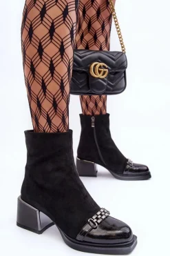 Zamszowe Botki Na Masywnym Klocku S.Barski MR870-70 Czarne Damskie Botki Zimowe Damskie|Botki Na Obcasie