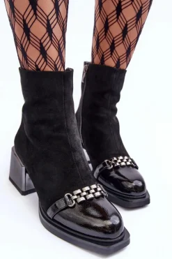 Zamszowe Botki Na Masywnym Klocku S.Barski MR870-70 Czarne Damskie Botki Zimowe Damskie|Botki Na Obcasie