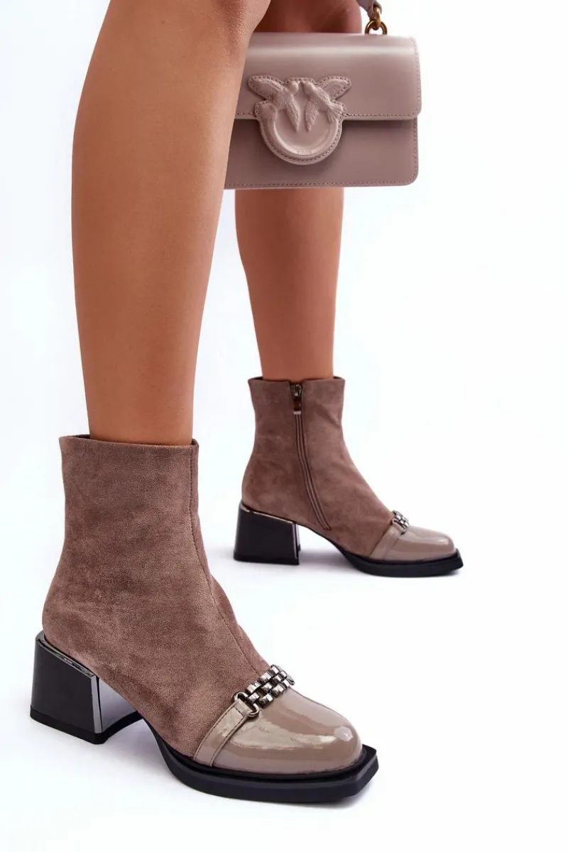 Botki Zimowe Damskie|Brązowe I Beżowe Botki>Damskie buty S.Barski Zamszowe Botki Na Masywnym Klocku S.Barski MR870-70 Beżowe