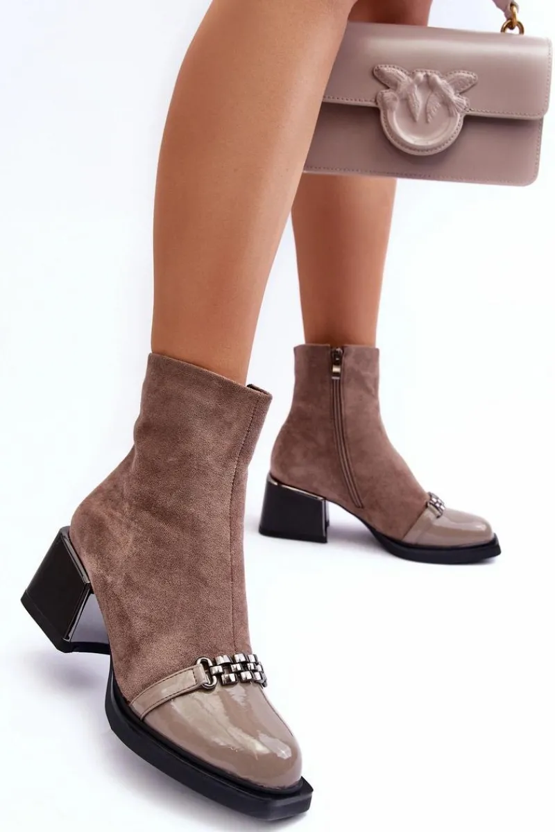 Botki Zimowe Damskie|Brązowe I Beżowe Botki>Damskie buty S.Barski Zamszowe Botki Na Masywnym Klocku S.Barski MR870-70 Beżowe