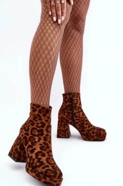 Hot Zamszowe Botki Na Masywnym Obcasie Zwierzęcy Wzór Brązowe Abnous Damskie Botki Na Słupku|Brązowe I Beżowe Botki