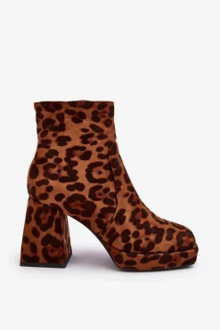 Hot Zamszowe Botki Na Masywnym Obcasie Zwierzęcy Wzór Brązowe Abnous Damskie Botki Na Słupku|Brązowe I Beżowe Botki