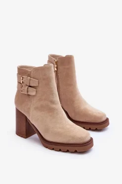 Discount Zamszowe Botki Na Obcasie Beżowe Makeline Damskie Botki Na Słupku|Brązowe I Beżowe Botki