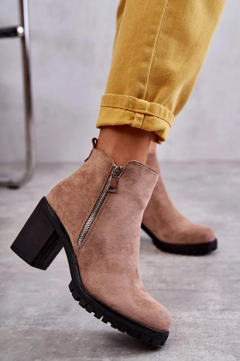 Sale Zamszowe Botki Na Obcasie Z Suwakiem Beżowe Sevione Damskie Botki Na Słupku|Czarne Botki