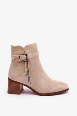 Discount Boto Zamszowe Botki Na Obcasie Z Klamrą Beżowe Bronte