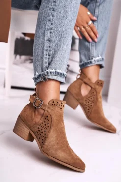 Outlet Boto Zamszowe Botki Na Obcasie Z Klamrą Camel Esen