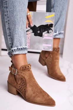 Outlet Boto Zamszowe Botki Na Obcasie Z Klamrą Camel Esen