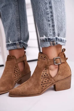 Outlet Boto Zamszowe Botki Na Obcasie Z Klamrą Camel Esen