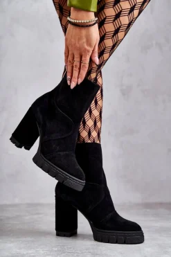 Sale Zamszowe Botki Na Obcasie Czarne Elia Damskie Damskie Trapery|Botki Skórzane