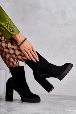 Sale Zamszowe Botki Na Obcasie Czarne Elia Damskie Damskie Trapery|Botki Skórzane