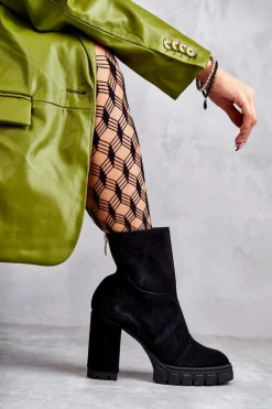 Sale Zamszowe Botki Na Obcasie Czarne Elia Damskie Damskie Trapery|Botki Skórzane