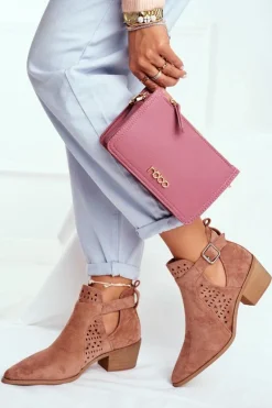 Best Boto Zamszowe Botki Na Obcasie Z Klamrą Różowe Esen