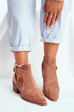 Best Boto Zamszowe Botki Na Obcasie Z Klamrą Różowe Esen