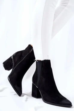 New Zamszowe Botki Na Obcasie Czarne Coriseis Damskie Botki Na Słupku|Czarne Botki