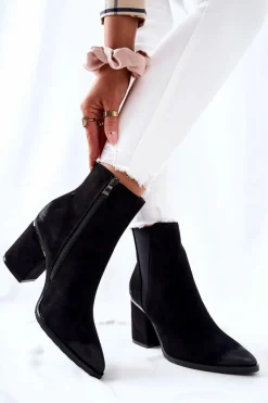 New Zamszowe Botki Na Obcasie Czarne Coriseis Damskie Botki Na Słupku|Czarne Botki