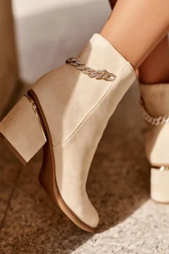 Hot Zamszowe Botki Na Obcasie Z Biżuteryjną Ozdobą Beżowe Jadirel Damskie Brązowe I Beżowe Botki|Botki Na Obcasie