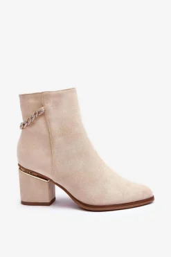 Hot Zamszowe Botki Na Obcasie Z Biżuteryjną Ozdobą Beżowe Jadirel Damskie Brązowe I Beżowe Botki|Botki Na Obcasie