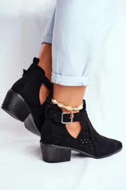 Clearance Zamszowe Botki Na Obcasie Z Klamrą Czarne Esen Damskie Botki Wiosenne|Botki Na Słupku