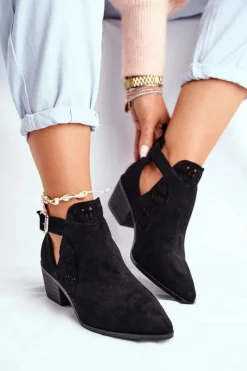 Clearance Zamszowe Botki Na Obcasie Z Klamrą Czarne Esen Damskie Botki Wiosenne|Botki Na Słupku