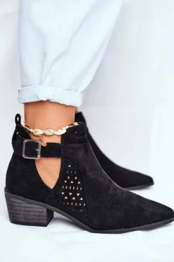 Clearance Zamszowe Botki Na Obcasie Z Klamrą Czarne Esen Damskie Botki Wiosenne|Botki Na Słupku