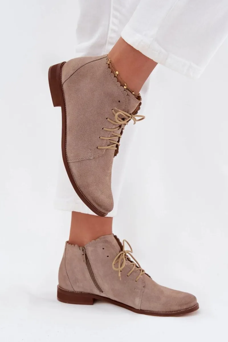Outlet Zamszowe Botki Na Płaskim Obcasie Cappuccino Zazoo 4078 Damskie Botki Skórzane|Botki Sznurowane