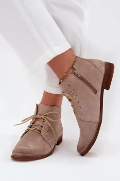 Outlet Zamszowe Botki Na Płaskim Obcasie Cappuccino Zazoo 4078 Damskie Botki Skórzane|Botki Sznurowane