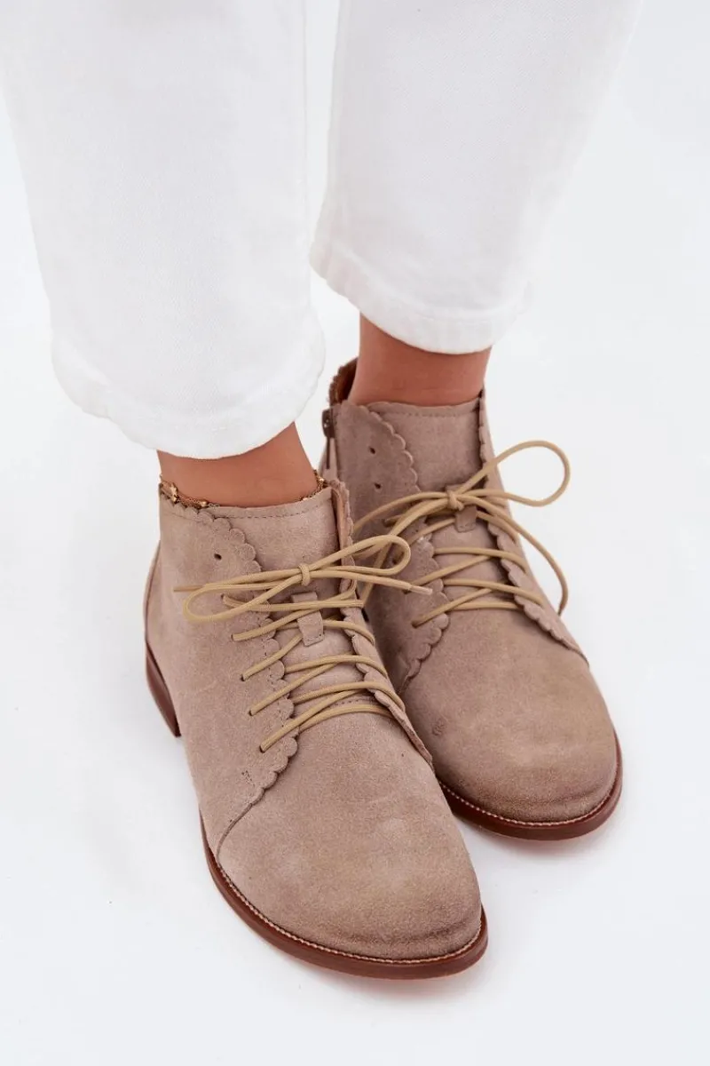 Outlet Zamszowe Botki Na Płaskim Obcasie Cappuccino Zazoo 4078 Damskie Botki Skórzane|Botki Sznurowane