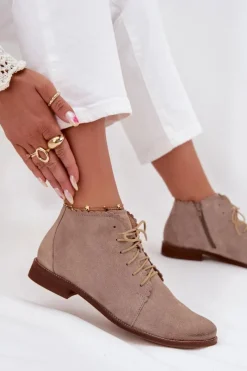 Outlet Zamszowe Botki Na Płaskim Obcasie Cappuccino Zazoo 4078 Damskie Botki Skórzane|Botki Sznurowane