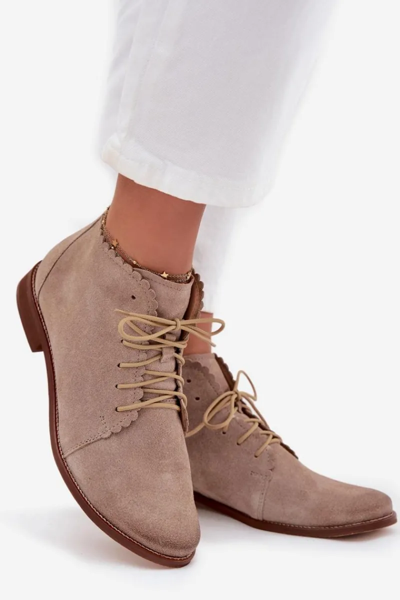 Outlet Zamszowe Botki Na Płaskim Obcasie Cappuccino Zazoo 4078 Damskie Botki Skórzane|Botki Sznurowane