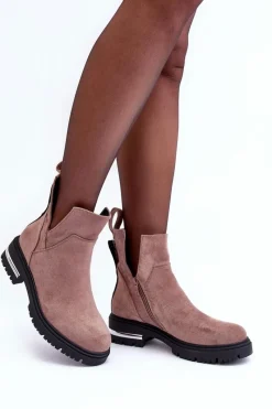 Outlet Boto Zamszowe Botki Na Płaskim Obcasie Z Wycięciami Ciemnobeżowe Lamedella