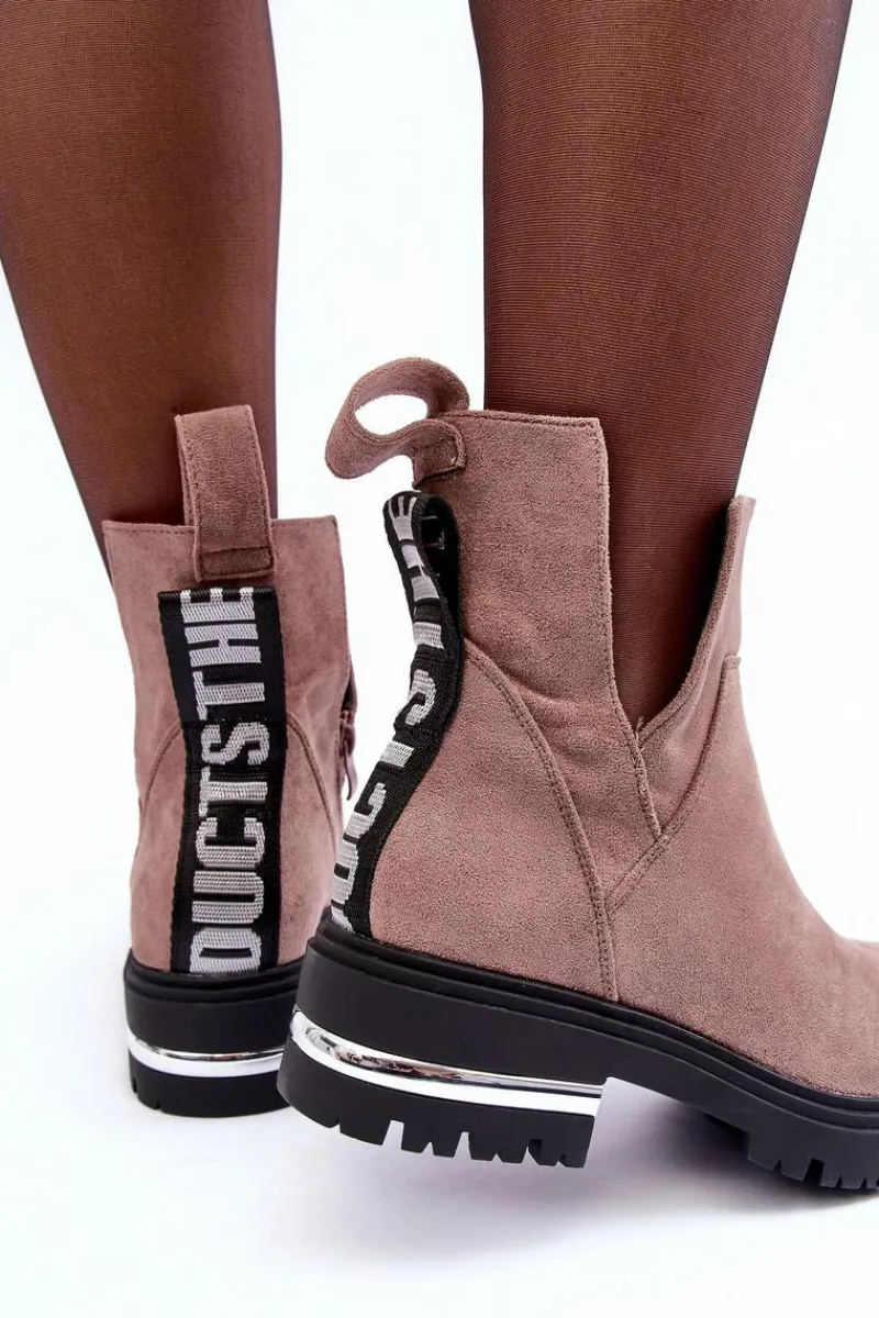 Outlet Boto Zamszowe Botki Na Płaskim Obcasie Z Wycięciami Ciemnobeżowe Lamedella