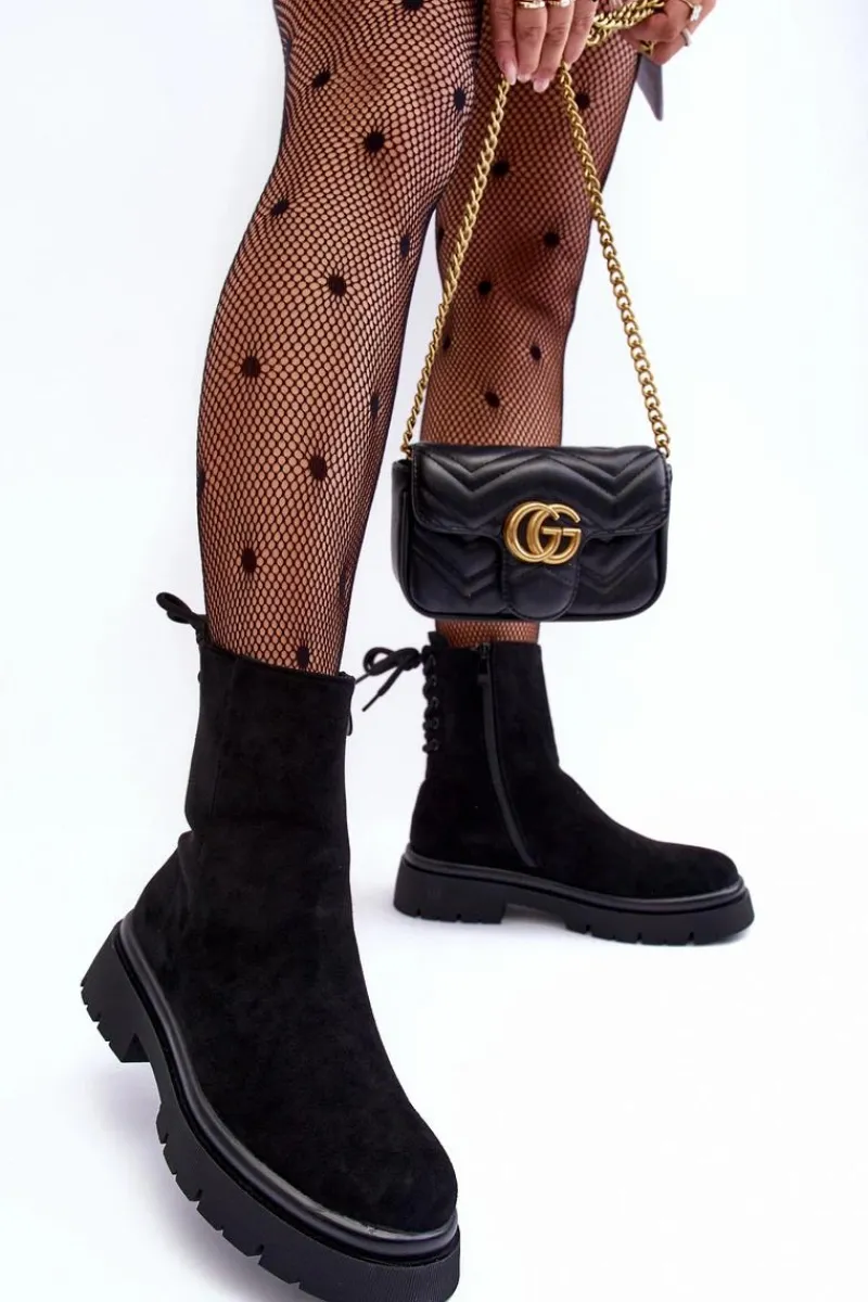 Outlet Zamszowe Botki Na Płaskim Obcasie Sznurowane Czarne Lakyta Damskie Czarne Botki|Botki Płaskie