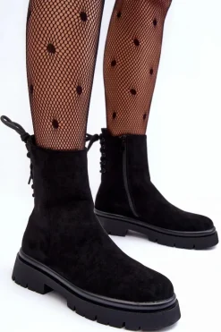 Outlet Zamszowe Botki Na Płaskim Obcasie Sznurowane Czarne Lakyta Damskie Czarne Botki|Botki Płaskie